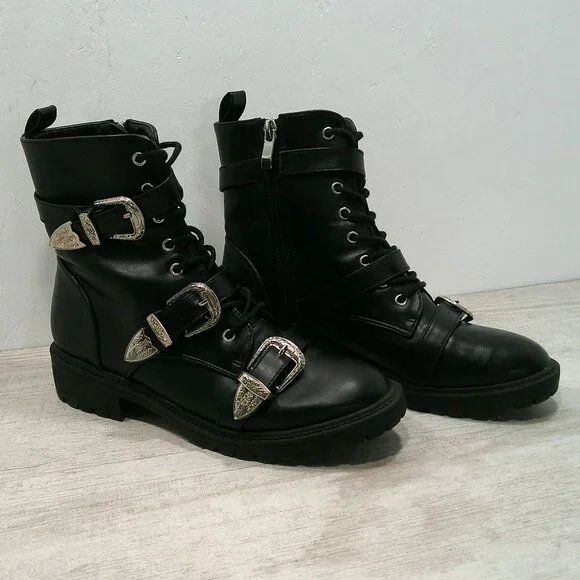 Dolls Kill Combat Moto Lace up Black Boots with Silver Buckle Strap Size 6 - Picture 2 of 13